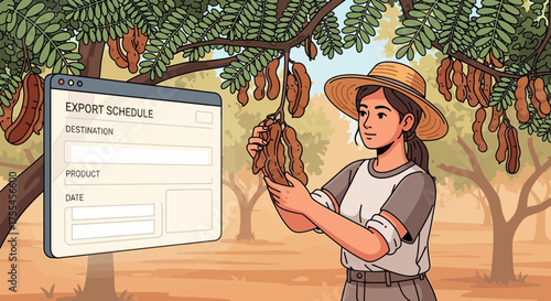 Conceptual illustration of a woman managing tamarind exports with a digital interface