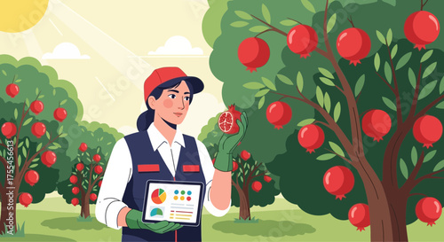 Pomegranate orchard with woman inspecting fruit using technology and graph data
