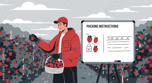 Berry harvesting with packing guidelines demonstrating agricultural practices, sustainability