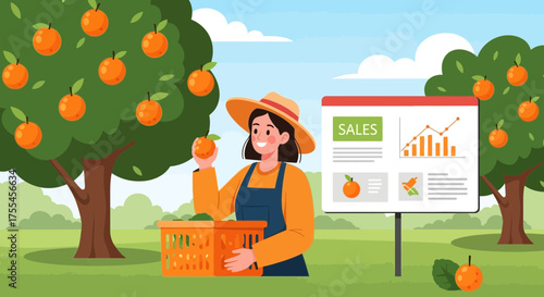 Successful harvest: Woman picking oranges with increasing sales chart display