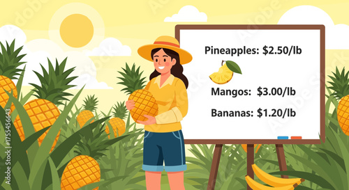 Cartoon Farmer Woman Harvesting Tropical Fruits with Price Board Display