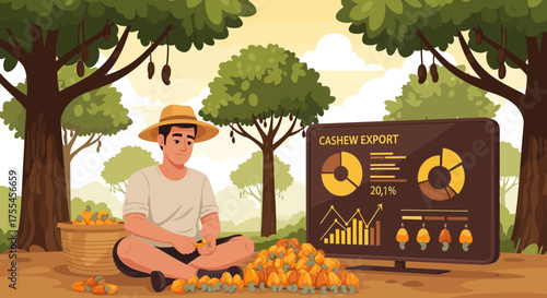 Cashew farmer analyzing export data using a digital display with charts and graphs