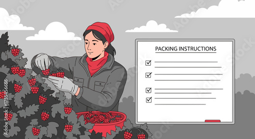 Woman harvesting raspberries with packing instructions checklist on a whiteboard