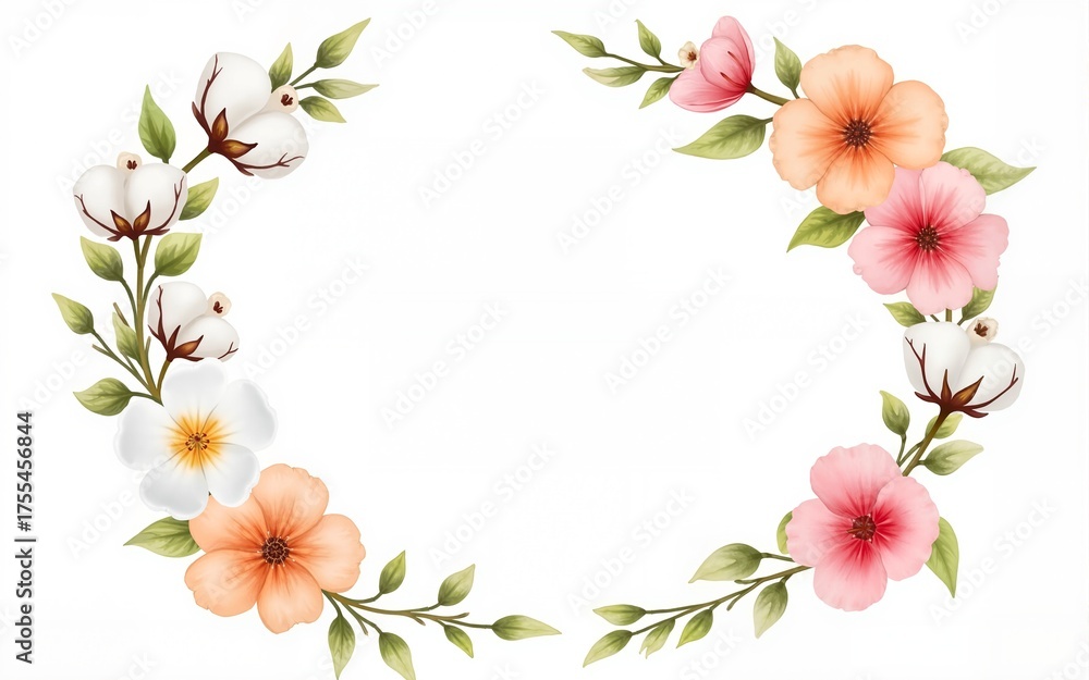 Fototapeta premium Watercolor floral wreath and bouquet frame illustration with cotton balls peach color, white, pink, vivid flowers, green leaves, for wedding stationary, greetings, wallpapers, background,