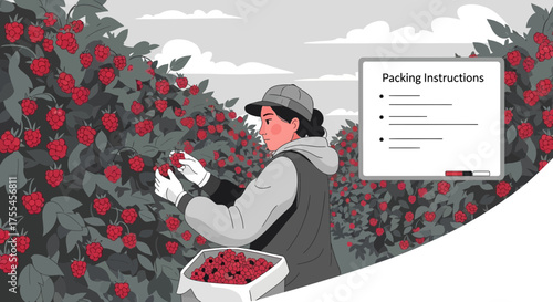 Harvest time: Raspberry farmer with packing instructions for fresh fruit delivery