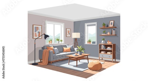 Isometric View of a Stylish and Cozy Living Room Interior.