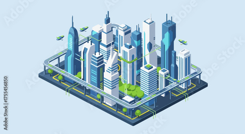 Isometric Smart City with Modern Skyscrapers and Green Spaces.