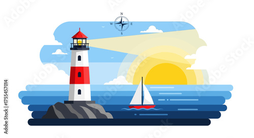 Lighthouse shining a beam of light over the ocean with a sailboat.