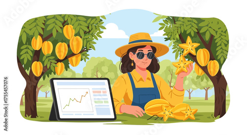 Star Fruit Farmer Analyzing Crop Yield Data on a Digital Tablet for Business