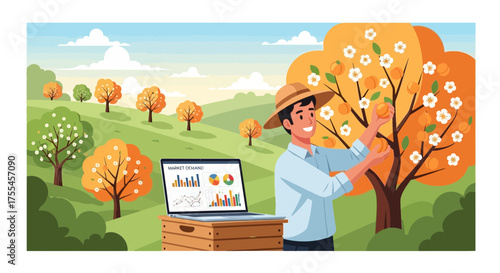 Modern farmer analyzing market trends while harvesting organic fruits in orchard