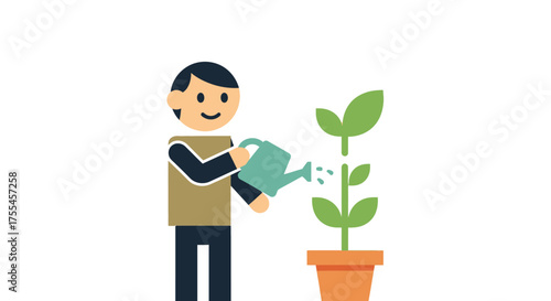 Man watering a potted plant, symbolizing growth and care.