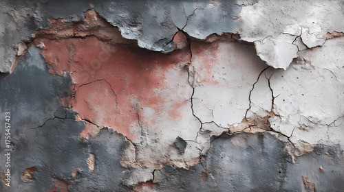 Weathered wall with exposed layers and cracked paint, creating a textured and abstract background