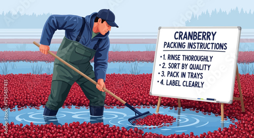 Cranberry Harvesting and Processing Illustration with Packing Instructions Displayed