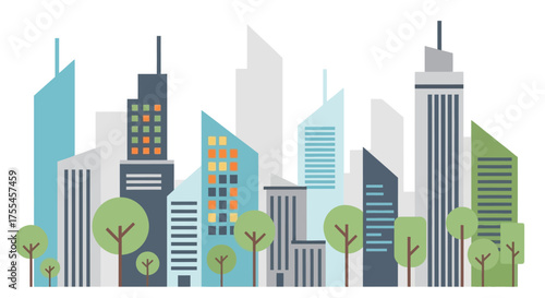Modern City Skyline with Green Trees.