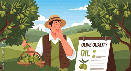 Conceptual illustration of an olive farmer contemplating olive oil quality control