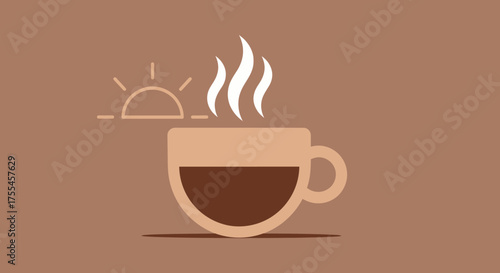 Morning coffee cup with steam and sunrise icon.