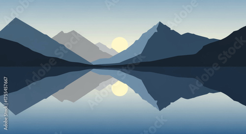 Minimalist Mountain Landscape with Lake Reflection at Sunset.