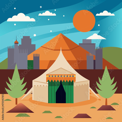 Desert oasis camp with ancient city and orange sun under a starry sky