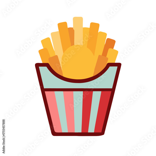 Stylized illustration of a serving of golden french fries in a colorful striped carton