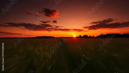 Vibrant Sunset Over a Vast Field with Dramatic Clouds.