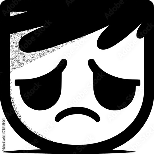 Expression of Sadness: Capturing the essence of sadness, a stylized illustration features a simple face with downturned eyes and a melancholic expression, conveying a universal emotion.