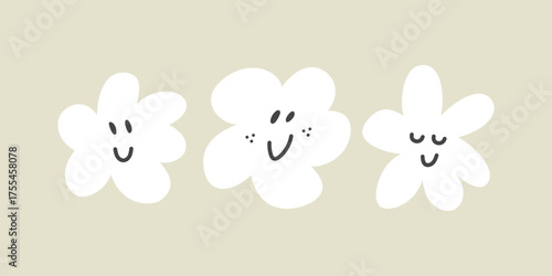 Cute flowers with funny faces, hand drawn design vector elements