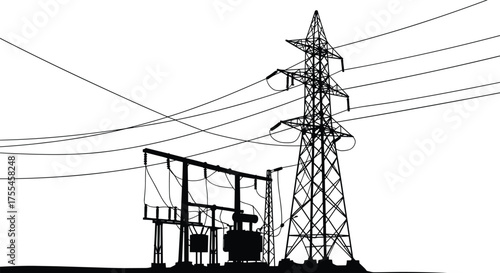 High voltage electricity substation with power transmission tower and transformer, industrial energy infrastructure vector illustration for electrical distribution and renewable power network system
