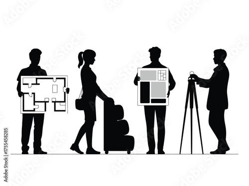 Black silhouettes of people holding architectural plans and equipment interior design architecture