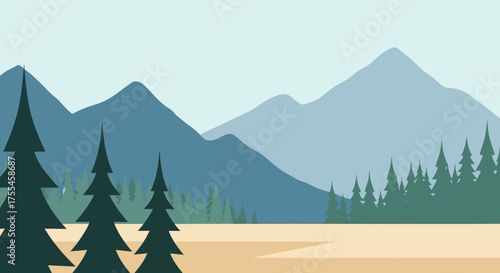 Scenic Mountain Landscape with Evergreen Trees.