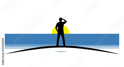 Silhouette of a man standing on a hill looking at the sunset over the ocean.