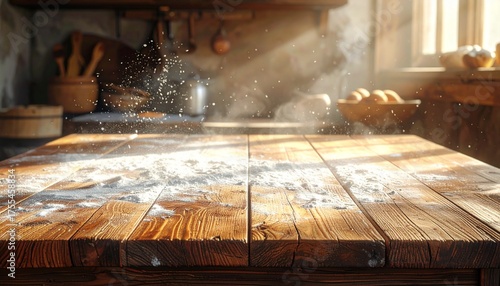 Warm morning light on a flour dusted rustic kitchen table.