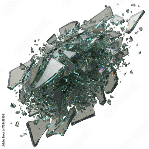 Abstract shattered glass shards forming a central green cluster against a dark void isolated on transparent background