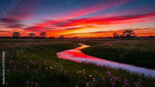 Vibrant Sunset Over a Winding River in a Meadow.