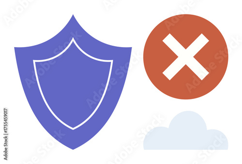 Blue shield, red error mark, and grey cloud conveying cybersecurity, error handling, risk management, and data safety. Ideal for technology, cloud computing, risk protection IT troubleshooting