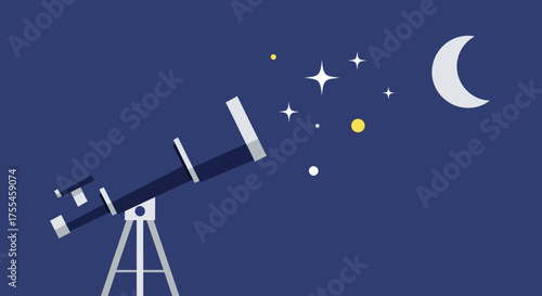 Telescope observing the night sky with moon and stars.