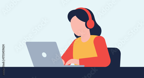 Woman working on laptop with headphones, remote work, online learning.