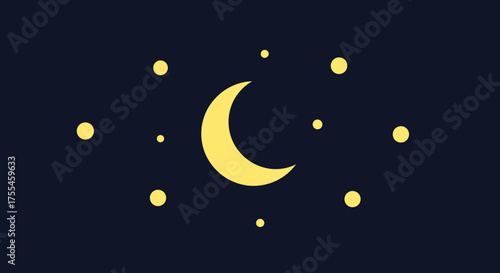 Yellow Crescent Moon and Stars on Dark Night Sky.
