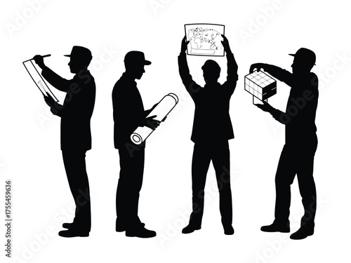 Black silhouettes of people holding plans and models designers architects