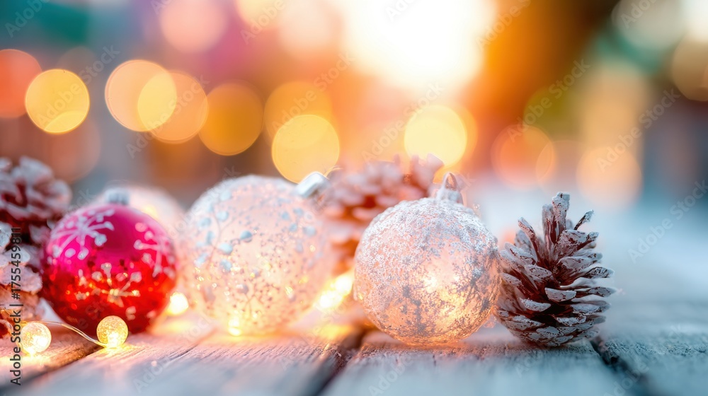 Obraz premium Brightly colored Christmas ornaments and natural pine cones are arranged on a wooden surface, adding charm to a festive outdoor setting as soft lights twinkle in the background