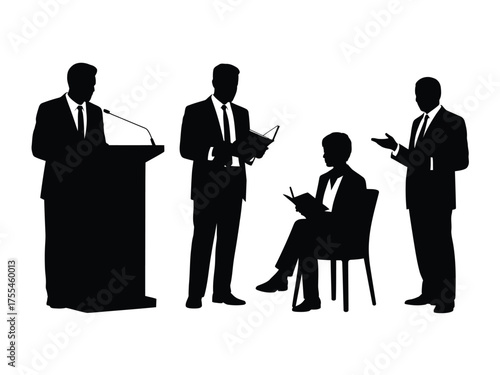 Black silhouettes of people in suits engaged in discussion business