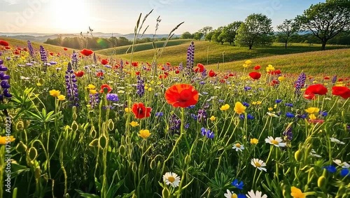 Vibrant Wildflower Meadow in Golden Hour Sunlight.