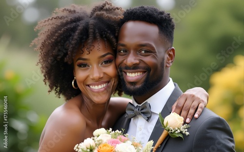 cheerful african american bride hugging handsome bridegroom near flowers. High quality