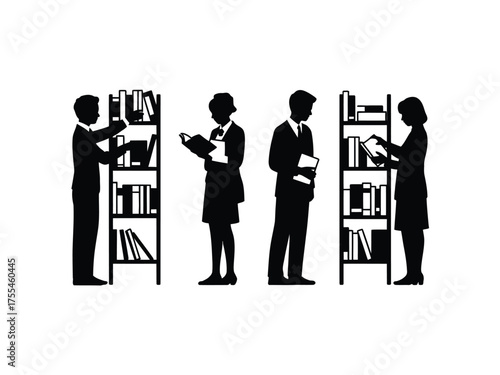 Black silhouettes of people in library with bookshelves vector