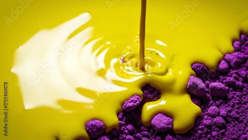 Vibrant Yellow Liquid Mixing with Purple Powder Creating Abstract Art.