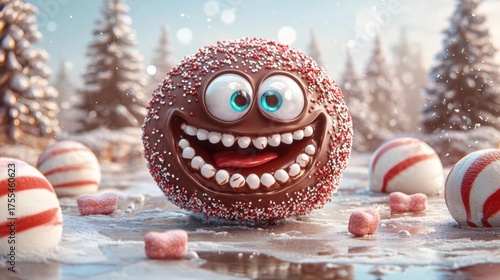 Wallpaper Mural Chocolate monster with candy sprinkles and white teeth stands in fake snow with peppermint candies and a pine branch. AI. Torontodigital.ca