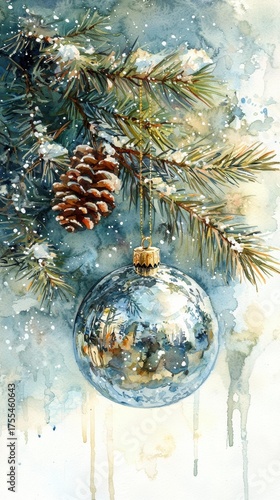Wallpaper Mural Silver Christmas ornament hangs on a snowy pine branch against a dark background. AI. Torontodigital.ca