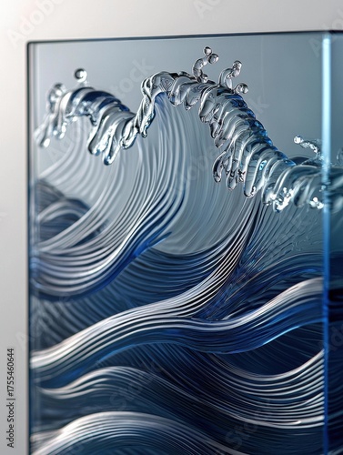 Wallpaper Mural Blue carved wall with wave pattern and round door with two gold knobs. AI. Torontodigital.ca