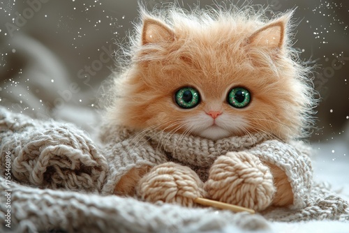 Wallpaper Mural Knitted cat doll with glowing green eyes knits with wooden needles near soft blanket and decorative lights. AI. Torontodigital.ca