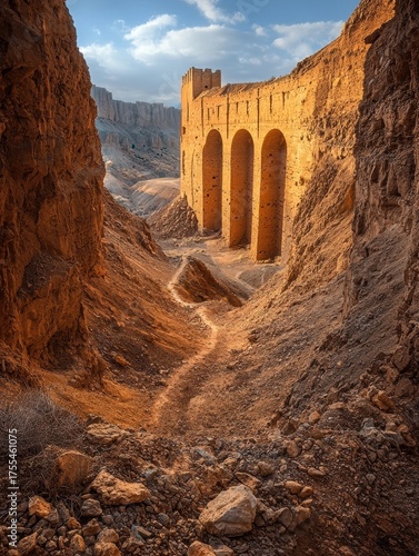 Wallpaper Mural Arched structure with a tower in a canyon. A winding path is visible. The landscape is rocky and arid. AI. Torontodigital.ca