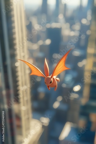 Wallpaper Mural Orange winged creature floats against a cityscape and a high-rise building. AI. Torontodigital.ca